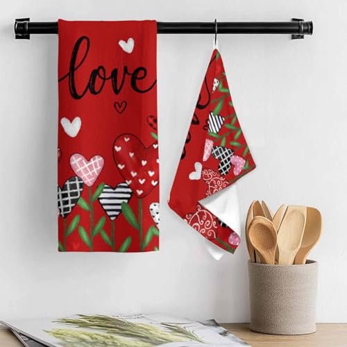 Image of Valentines Kitchen Towels Love Heart Flower Hand Towels Black Red Valentines Day Dish Towel Soft Absorbent Quick Drying 4 Pack Dish Cloths 18x28 Inch Anniversary Wedding Decoration