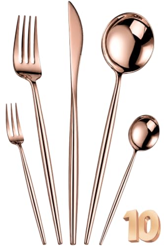 Image of Slim Handle Rose Gold 10 Pcs Stainless Steel Cutlery Set for Dining Table, Dishwasher Safe Glossy Flatware (2 Spoon Set+2 Forks Set+2 Butter Knife+2 Dessert Spoon+ 2 Fruit Fork)