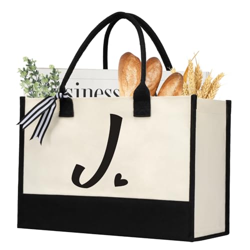 HorHer Initial Canvas Tote Bag, Personalized Beach Jute Bag Present for Women Holiday, Friends Birthday Gift, Beach, Wedding (Letter J)