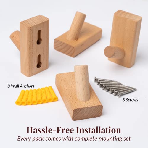 Turdoria 4-Pack Wood Wall Hooks For Hanging - Decorative Coat Hooks Wall Mounted - Hooks For Hanging Coats, Towel Hooks - Wall Hooks For Hanging Heavy Duty Coats - Robe Hook, Backpack Hook (Beech) #TOP5