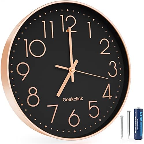 Geekclick 12" Wall Clock [Battery Included], Silent & Large Wall Clocks for Living Room/Office/Home/Kitchen Decor, Modern Style & Easy to Read - Rose Gold &Black