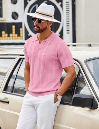 Image of COOFANDY Mens Knit Polo Shirts V Neck Textured Polo Shirts Short Sleeve Breathable Polo Casual Collared T Shirt Fashion Tops