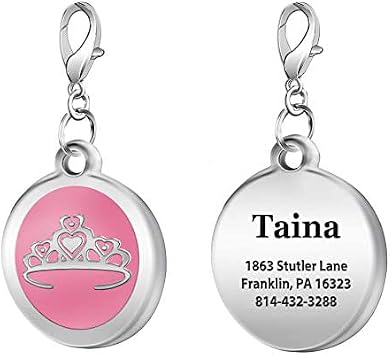Personalized Tiara Engraved Round Shaped Colorful Pet ID Dog Tags Laser Etched Deep with Name on Rustless Stainless Steel Pink