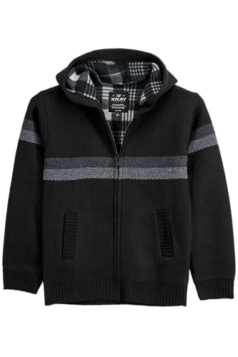 Image of X RAY Boys (6-12) Full Zip Fleece Flannel Lining Sweater with Hood, Kids Knit Sweater for Spring, Fall and Winter Black/Charcoal