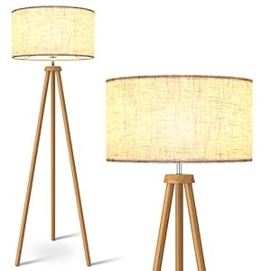 LEPOWER Wood Tripod Floor Lamp, Mid Century Standing Lamp for Living Room, Flaxen Lamp Shade, Modern Design Standing Lamp with E26 Base, Tall Floor Light for Bedroom, Study Room and Office Brown