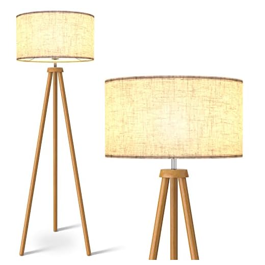 LEPOWER Wood Tripod Floor Lamp, Mid Century Standing Lamp for Living Room, Flaxen Lamp Shade, Modern Design Standing Lamp with E26 Lamp Base, Tall Floor Lamp for Bedroom, Study Room and Office