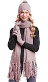Bufanda versátil para mujer: bufanda de punto grueso versátil con flecos largos y voluminosos. La longitud de los flecos de 19 cm es un punto culminante de esta bufanda mullida. El gorro de punto para mujer es un elegante gorro con pompón que atraerá todas las miradas.