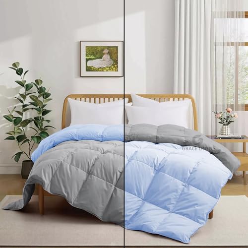 Image of 500 GSM Winter Blanket /Comforter Single Size (60 inchX90 inch) - Unique Design Heavy Winter Comforter 500 GSM Microfiber Fill -Rajai Single Size - Sky Blue /Silver Grey Color