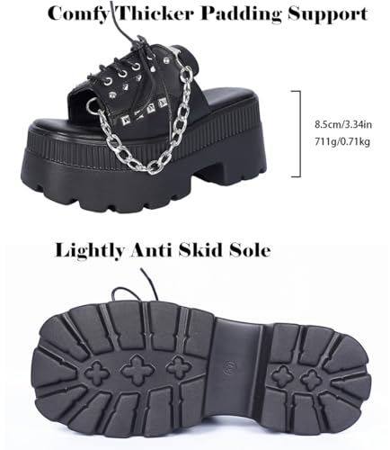 Image of Gothniero women black platform sandals goth chunky wedge heel summer sandals girls gothic punk platform sandals for women metallic spider buckles slides size 5.5-11