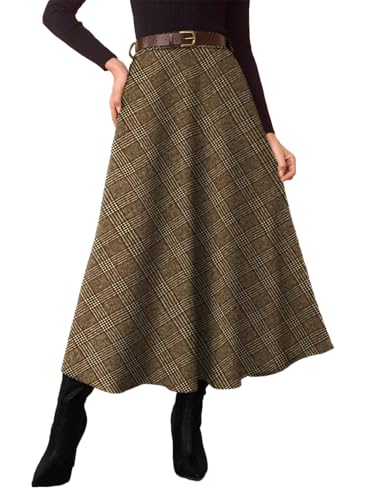 Pink Queen High Waisted A Line Skirts for Womens with Pockets Midi Length Plaid Elegant Work Dress Long Wool Tartan Flowy Fall Skirts 2026 Winter Going Out Outfits for Women Coffee S