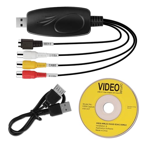 USB 2.0 Audio Video Capture Card,Digitization of Old Videos, VHS VCR TV to DVD Converter, Suitable for Mac OS & Windows 10/8/7/XP/Vista, with a 100 cm RCA Extension Cable and Windows Software CD