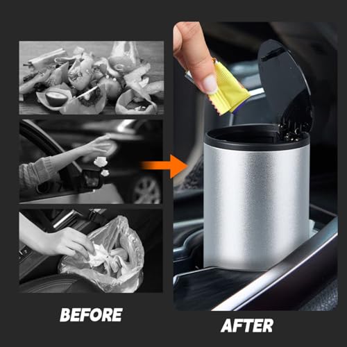 Image of HZEL Car Trash Can with Lid, Multipurpose Leakproof Vehicle Garbage Can for Seat Cup Holder, Small Auto Interior Rubbish Bin for Office Desk Home, Universal for SUVs, RVs, Trucks (Silver)
