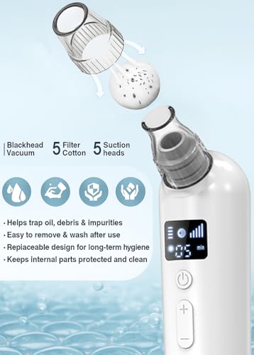 Vacuum Blackhead Remover Pore Cleaner with Heat & Red Light 5 Suction Levels Nose Pore Cleaner Rechargeable with LED Display, 6 Probes & Bonus Blemish Extractor Tools, Skincare Gift for Women — view 6