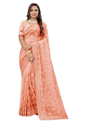 Sari indien femme de travail pêche brodé Resham vêtement traditionnel ethnique chic