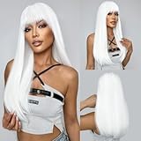 SUKRI White Wig with Bangs Long Straight White Wigs for Women Synthetic Heat Resistant Wigs Natural Looking Hair Wig for Halloween Daily Cosplay Party Use 22 Inch