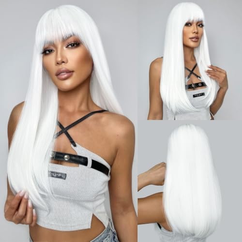 SUKRI White Wig with Bangs Long Straight White Wigs for Women Synthetic Heat Resistant Wigs Natural Looking Hair Wig for Halloween Daily Cosplay Party Use 22 Inch