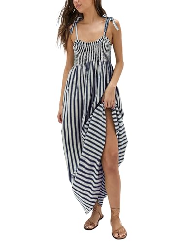 Image of Lentta Women's Striped Smocked Maxi Dress Causal Spaghetti Strap Stretchy Flowy Swing Long Dress with Pockets