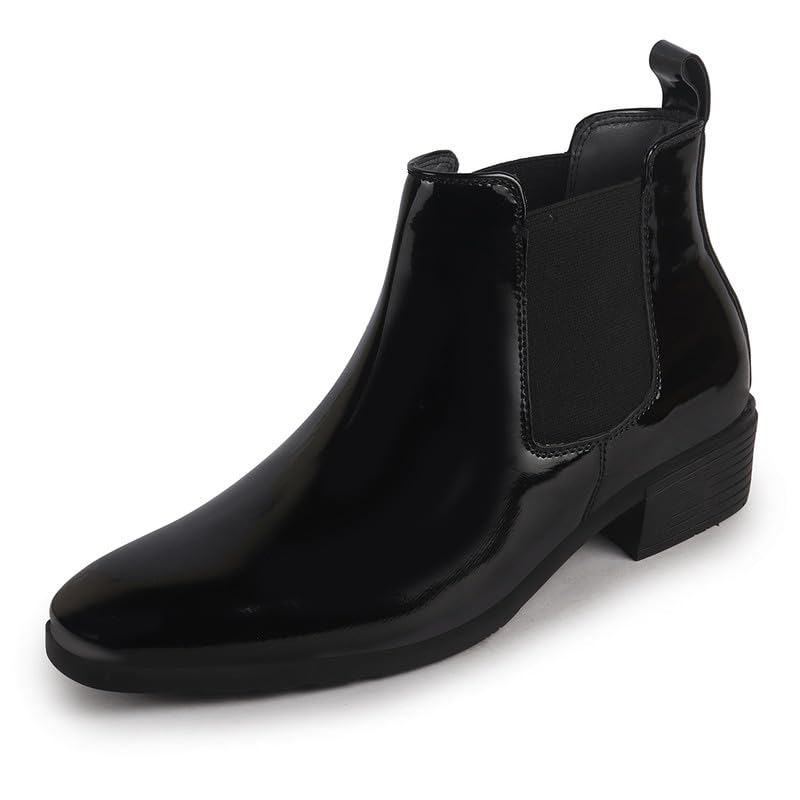 Men Patent Leather High Ankle Slip On Chisel Toe Chelsea Boot with Block Heel | Office Casual, Biking Winter Boot with Extra Comfort Memory Cushioned Insole-image-22