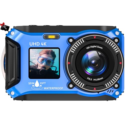 Appareil Photo Numérique Etanche 33FT 4K Video 64MP Autofocus Caméra sous-Marine 16X Digital Zoom Caméra étanche pour la plongée avec Tuba avec Carte 32GB