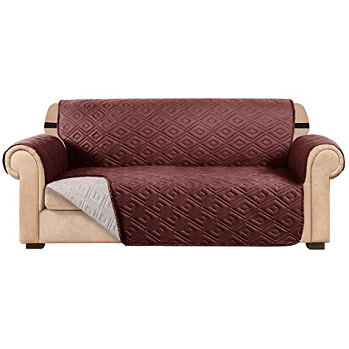 AMEHA Sofa Cover 3 Seater Waterproof Sofa Slipcovers - Reversible Washable Sofa Protectors from Pets & Kids with Adjustable Elastic Straps Embossed Quilted Couch Settee Covers, Brown - Beige