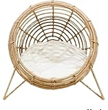 Luxury Wicker Pet Egg Chair Basket, Elevated Cozy Bed for Cats, Natural Rattan with White Cushion