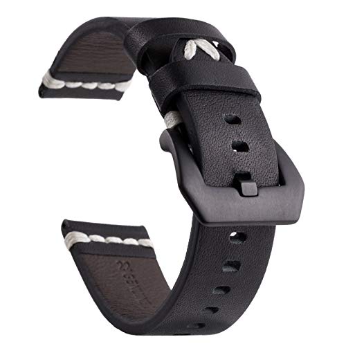 Leather Watch Band Black watch strap for man 20mm 22mm 24mm (Black, 22mm)