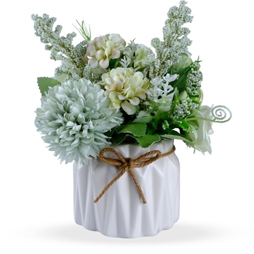 Artificial Potted Flowers, Small Ceramic Vase Fake Flower Plants Desktop Decoration Indoor for Home and Office, Faux Flowers Hydrangea Decora for Table,Bookshelf,Bedroom,Living Room,Party.(Green)