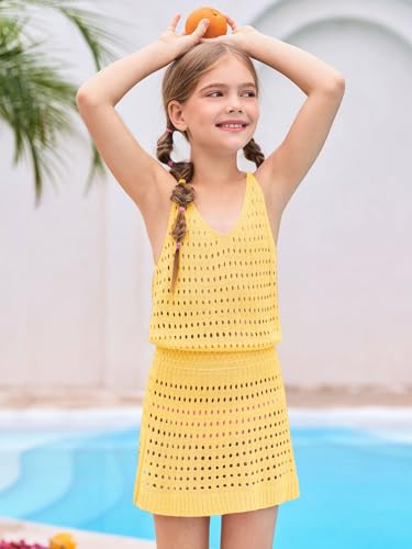 Image of Haloumoning Girls Sleeveless Crochet Swimsuit Cover Up Kids Summer Hollow Out Knitted Beach Dress 7-14 Years