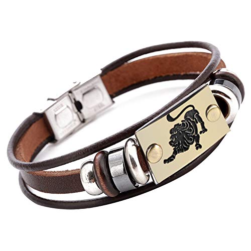 Image of Young & Forever Zodiac Sign Multi-Strand Genuine Leather Bracelet for Men & Boys - Adjustable Tribal Wristband with Antique Metal Charm