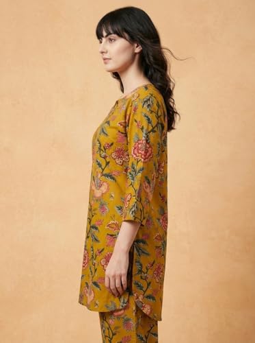 Image of Bee M Pee Designer Trendy Floral Printed Cotton Kurta Coord Sets for Women | Stylish Casual Tunic Kurti Set with Pant for Woman for Office