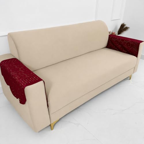 Image of Homerz Premium 'Surya Series' Sofa Cover | Stylish Sofa Protector | Net Fabric | Anti-Stain & Washable Slip Cover Exact Size Antislip (Flower Valley Maroon, 2 Pc Armrest, Armrest)