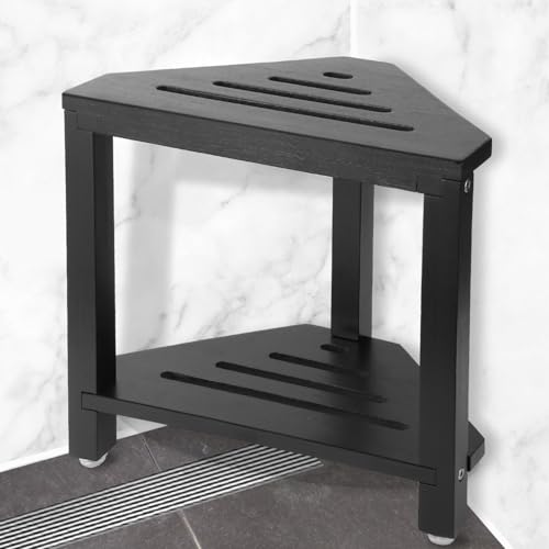 IBosins Corner Shower Stool with Storage Shelf Shower Foot Rest for Shaving Legs Small Bench for Inside Shower to Sit on Bath Seat - Acacia Wood Black