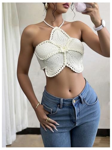 Milumia Women's 3D Floral Crochet Knit Halter Top Y2k Tie Back Hollow Out Crop Tops2