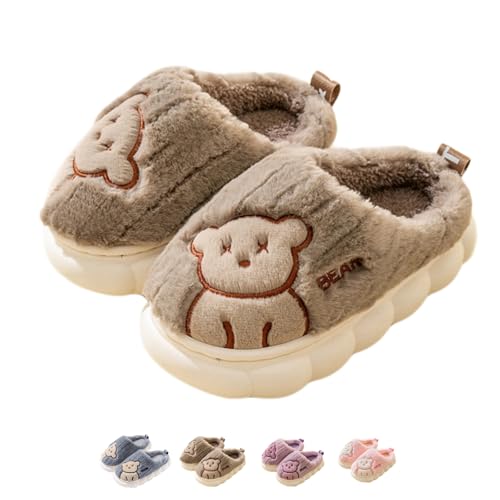 Cute Bear Fuzzy Slippers Y2k Aesthetic Warm Fluffy Platform Slides for Women Couple Indoor Pink Purple Blue Brown