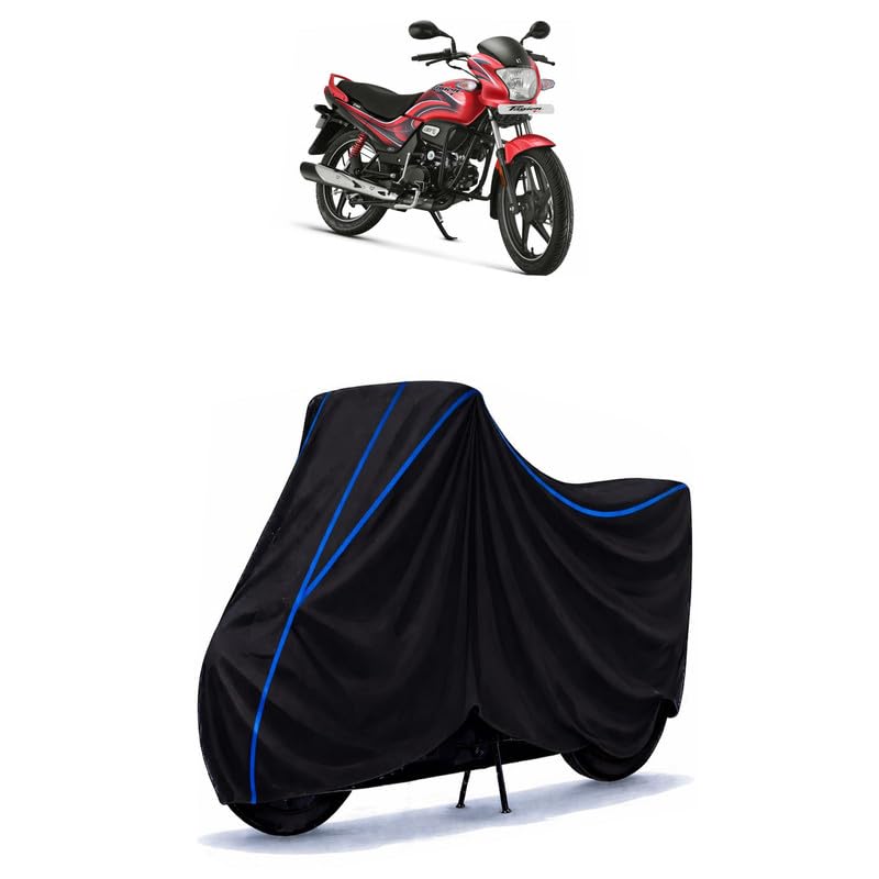Image of Hero Passion Bike Cover Water Resistant Universal Motorcycle Rain | Heavy Duty UV Protection, Dust, Scratch Indoor Outdoor All Weather with Black Blue Piping Elastic
