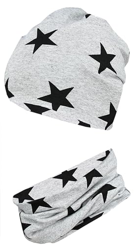 TupTam Jungen Beanie Mütze Schlauchschal Kinder 2er Set Herbst Winter gefütterte Übergangsmütze mit Loop, Farbe: Jersey zweilagig - Sterne Schwarz Grau, Hat Size: 56