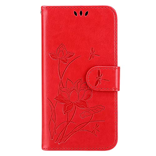 TWY für Samsung Galaxy A13 5G Hülle,Lotus Libelle Prägung Schutzhülle Handyhülle Magnetisch PU Leder Tasche Case Ständer Klapphülle Schale Bumper-Lotus Rot Cover