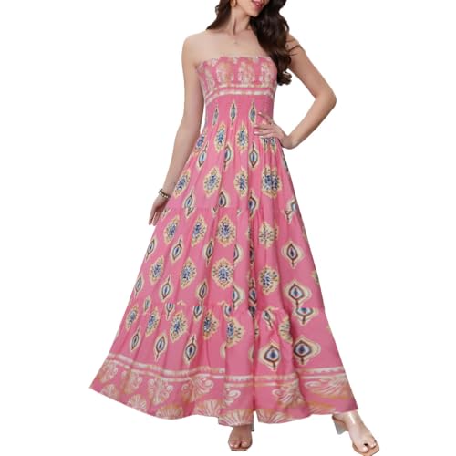 Image of Women's Summer Strapless Tube Top Maxi Dresses Off Shoulder Boho Beach Long Dress
