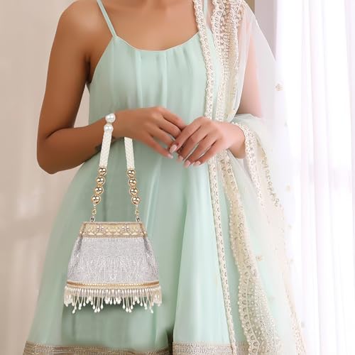 Image of Nevis PU Silk Fabric Women's Embellished Potli Bag with Pearl Handle & Fringe Detailing | Designe Wedding & Festive Handbag