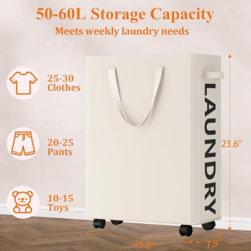 Image of Optish 50L Slim Rolling Laundry Basket with Wheels & Removable Bag, White