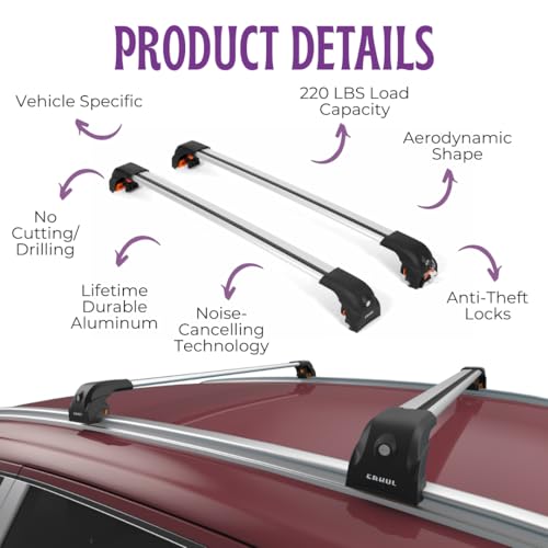 Image of ERKUL Heavy Duty Roof Rack Cross Bars for Chevrolet Chevy Trax 2024-2026 | Upgraded 220 lbs Aero Aluminum Crossbars with Smart Clamp System | Compatible with Flush Rails - Silver