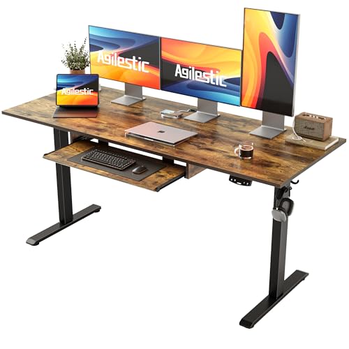 Image of Agilestic Height Adjustable Desk with Keyboard Tray, 63 x 24 Inches Electric Standing Desk, Stand up Computer Table with Memory Preset, Modern Lift Motorized Gaming Workstation, Rustic Brown