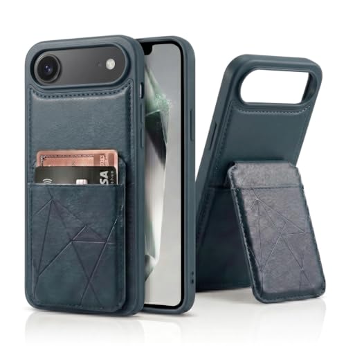 Image of amazon basics Premium Vegan Leather Back Cover with Card Holder and Integrated Mobile Stand for iPhone 17 Air - Slim Shockproof Wallet Case with Geometric Stitching [Blue]