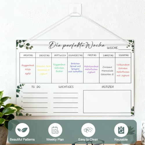 Vicloon Wochenplaner Abwischbar, 30 x 20CM Wochenplaner Acryl, Whiteboard mit 6 Whiteboard-Stift, Abwischbar Familienplaner, Haushaltsplan zum Aufhängen, To Do Liste für Haushalt