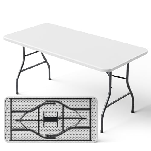 MAKE CHANGES 5ft Folding Table Heavy Duty Plastic Card Table with Foldable Steel Legs Metal Frame Support up to 500 lb Portable for Indoor Outdoor Picnic Camping Dining Party White
