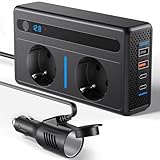 Yapasopu Convertitore di tensione di auto 300W Inverter DC da 12 V su AC 230 V Caricatore auto con Caricatore della porta di sigaretta Accendino 7 con 2 prese 2 Porte USB 2 Porte di tipo C 1RTS