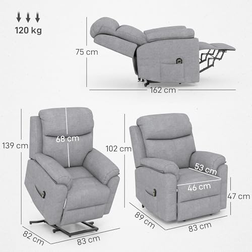 HOMCOM Relaxsessel Elektrisch Fernsehsessel mit Aufstehhilfe, 5 Massagemodi, Liegefunktion, Massagesessel mit Fußteil, Leinenoptik, Seitentasche und Fernbedienung, für Wohnzimmer, Grau – Bild 4