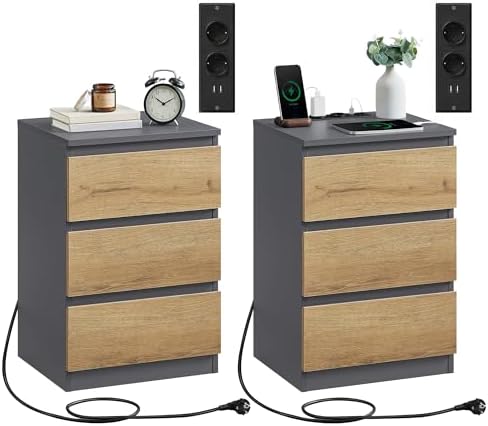VASAGLE Nachttisch mit Steckdosenleiste, 3 Schubladen, 2 AC-Steckdosen | Beistelltisch, 2 USB-A-Anschlüsse, modern, Schiefergrau und Natürliches Braun, KAILYN Kollektion LET831G01