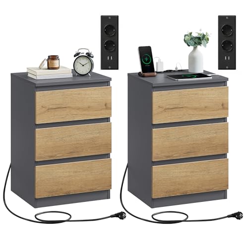VASAGLE Kailyn Collection - Nachttisch mit Steckdosenleiste, 2er Set, Beistelltisch, 3 Schubladen, 2 AC-Steckdosen, 2 USB-A-Anschlüsse, modern,...