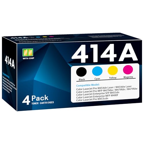 Image of 414A Toner Cartridges 4 Pack with Chip Replacement for 414A 414X Color Pro M454 M479 Series M454dn M454dw M479dw M479fdn M479fdw, Enterprise M455dn M480f M453cdn Printer (BK /C /M /Y)